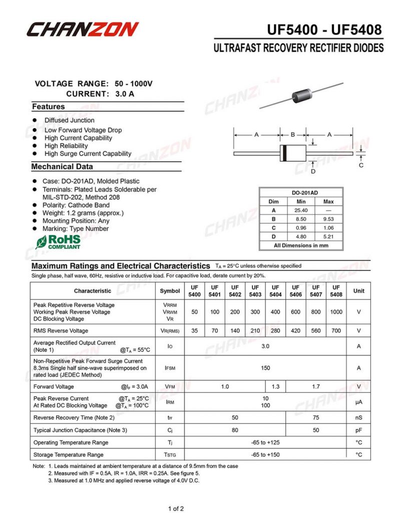 Pcs Uf Ultra Fast Recovery Rectifier Diode A V Ns Do Ad Do Axial